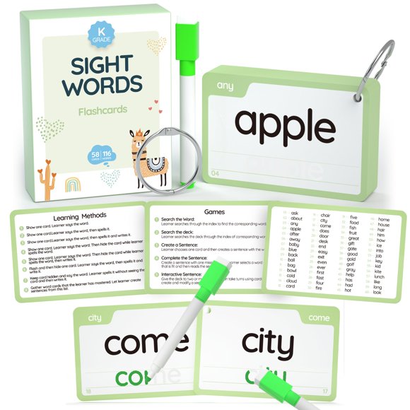 Wjpc 58 Tarjetas 116 Piezas Tarjetas Flash De Palabras Vistas De Alta Frecuencia (Jardín De Infantes) Tarjetas De Aprendizaje De Fonética para Niños De 4 5 6 Años. Aprenda a leer y escribir.