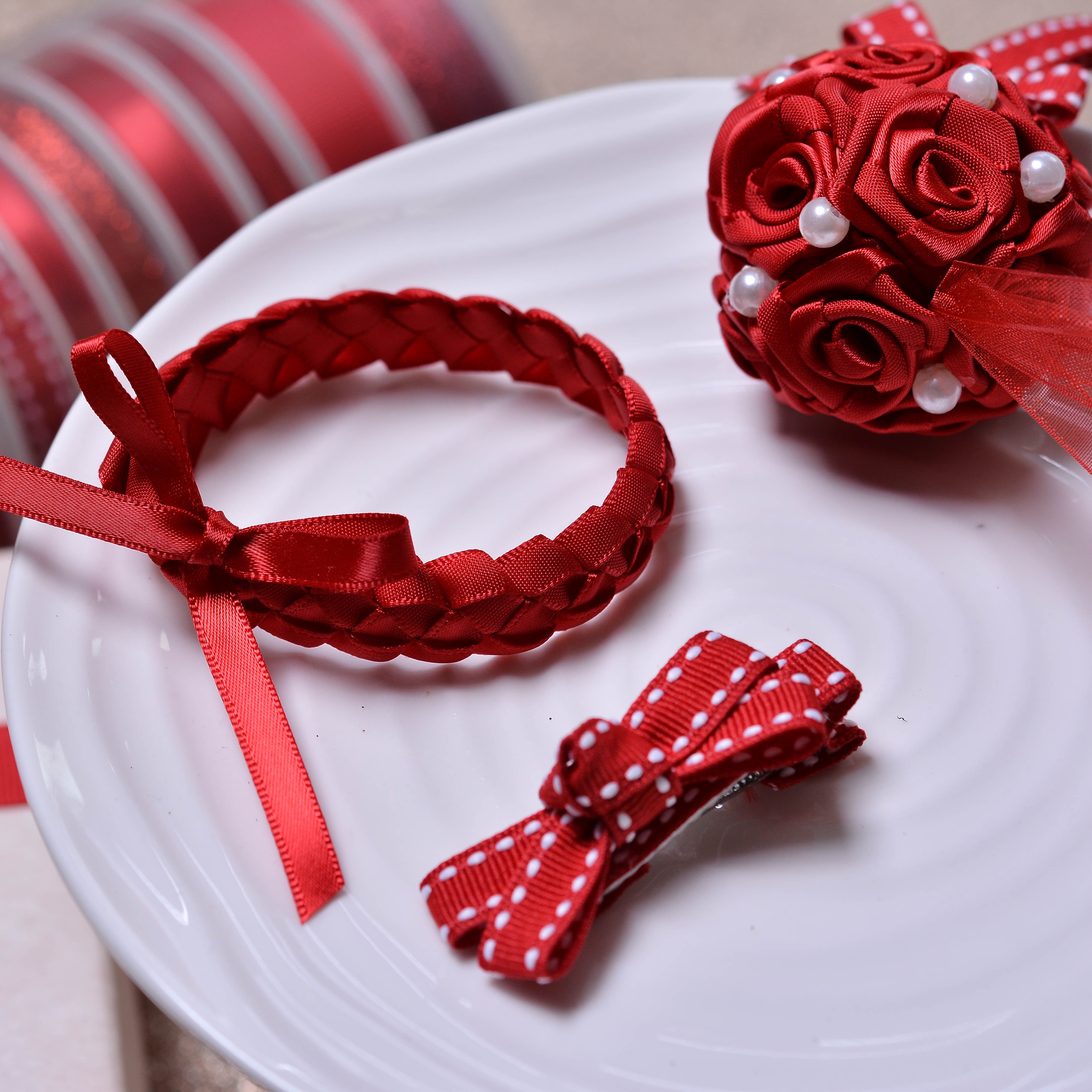 Red Satin Ribbon Tower, Set of 8 Unique Ribbons, 96 feet