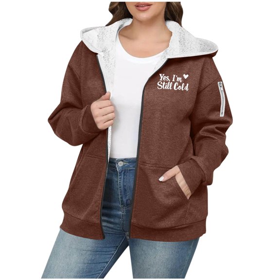 Women's Slogan Sherpa Lined Hooded Jacket Yes I'm Still Cold Winter Heavyweight Coat Zip Up Fuzzy Fleece Outerwear with Pockets Warm Thermal Insulation