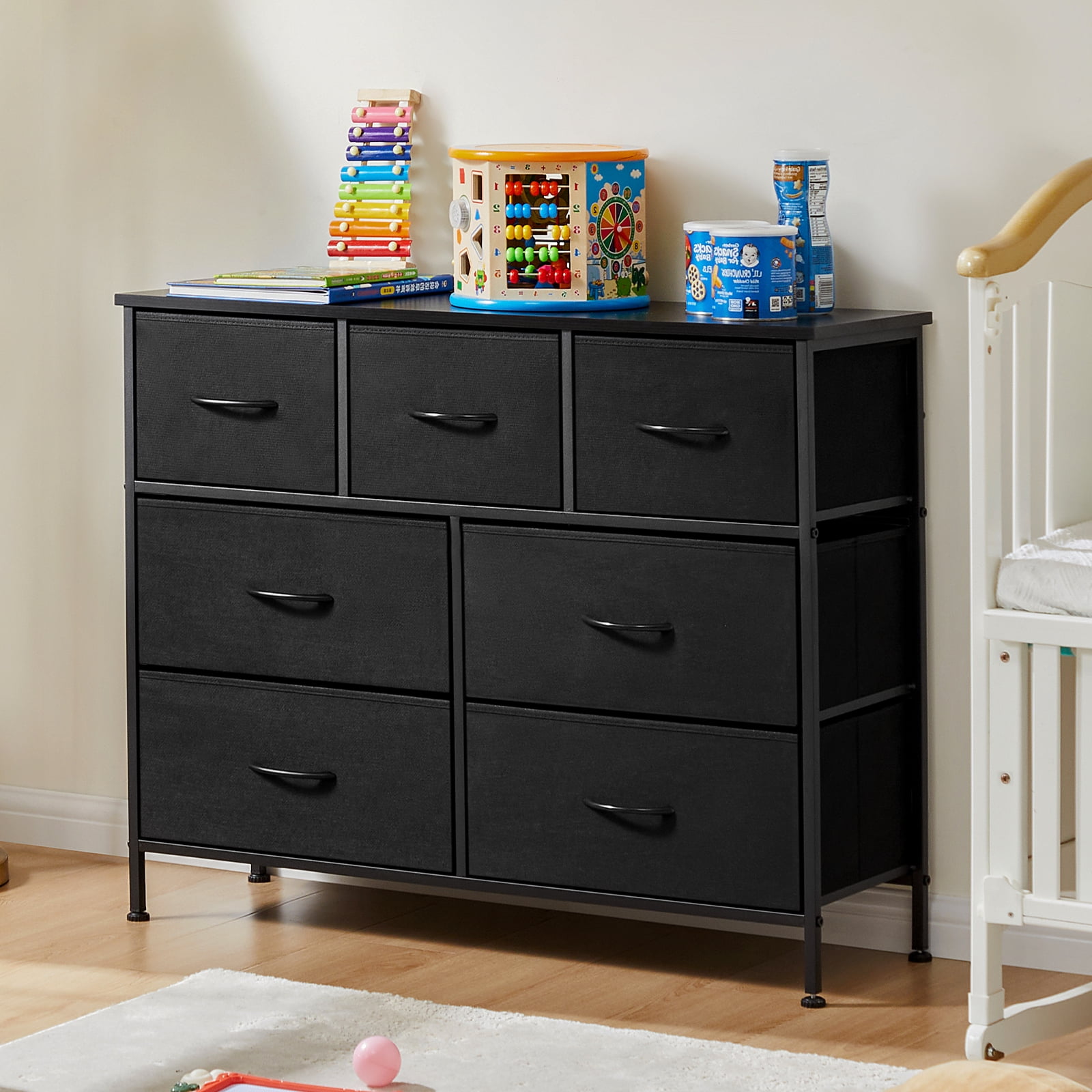 MAYEERTY 7-Drawer Fabric Storage Tower, Versatile Organizer with Wood Top for Bedroom, Living Room, Black