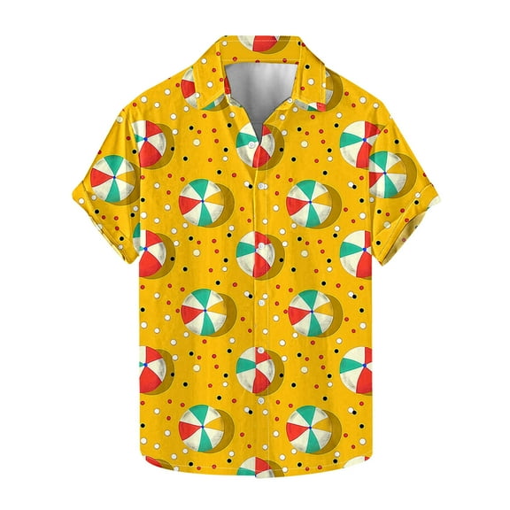 Clearance SSAAVKUY Men's Linen Shirts Short Sleeve Casual Shirts Volleyballs Print Button Down Shirt for Men Beach Summer Wedding Shirt Yellow L