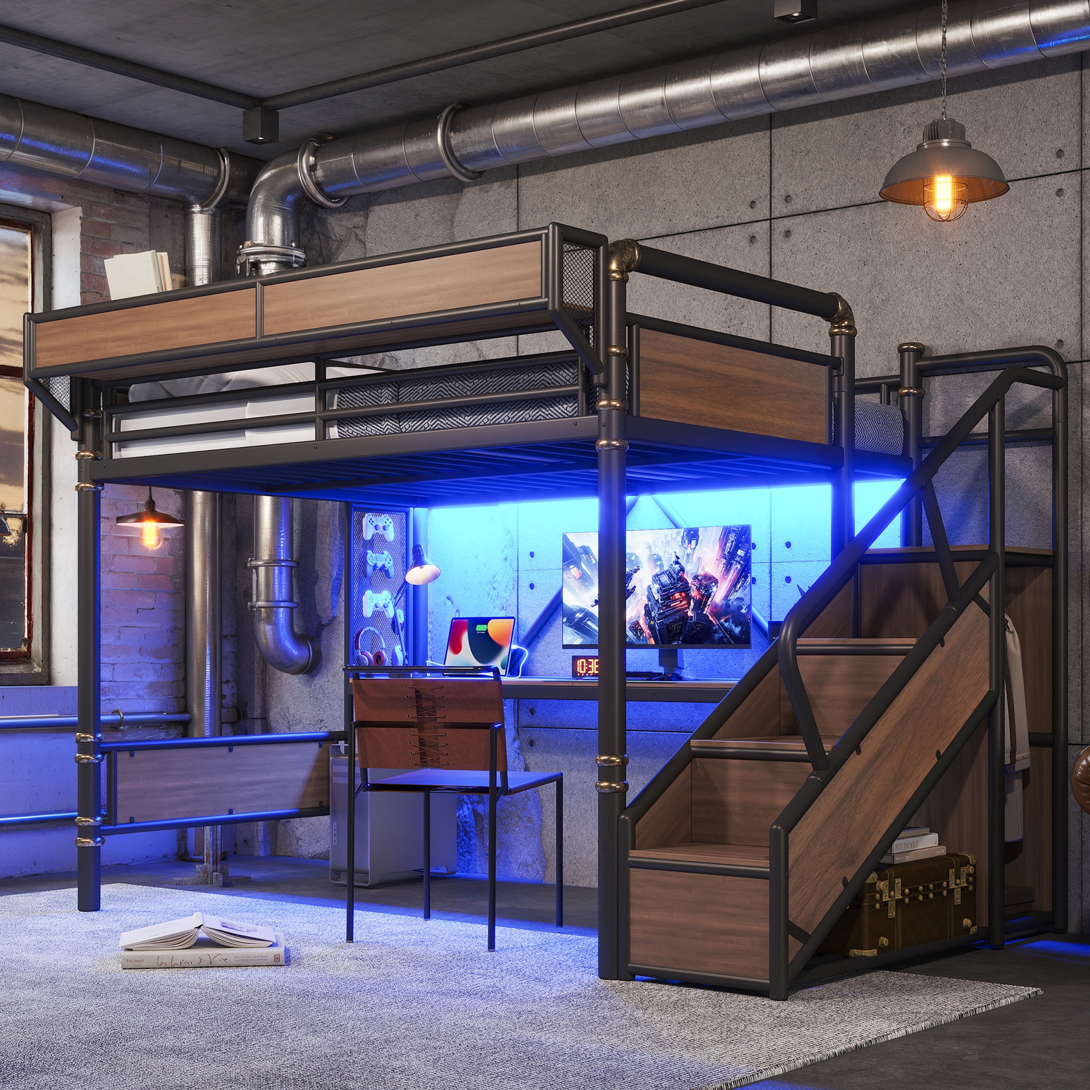 GDF Studio Queen Size Metal Loft Bed with Desk, Power Outlet, LED Light, Storage & Wardrobe, Black
