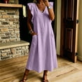 thumbnail image 6 of ClodeEU Women's Linen V Neck Flutter Sleeves Dress with Pockets,Solid Color Casual Loose Fit Summer Midi Dress Purple,Women's Plus L, 6 of 6