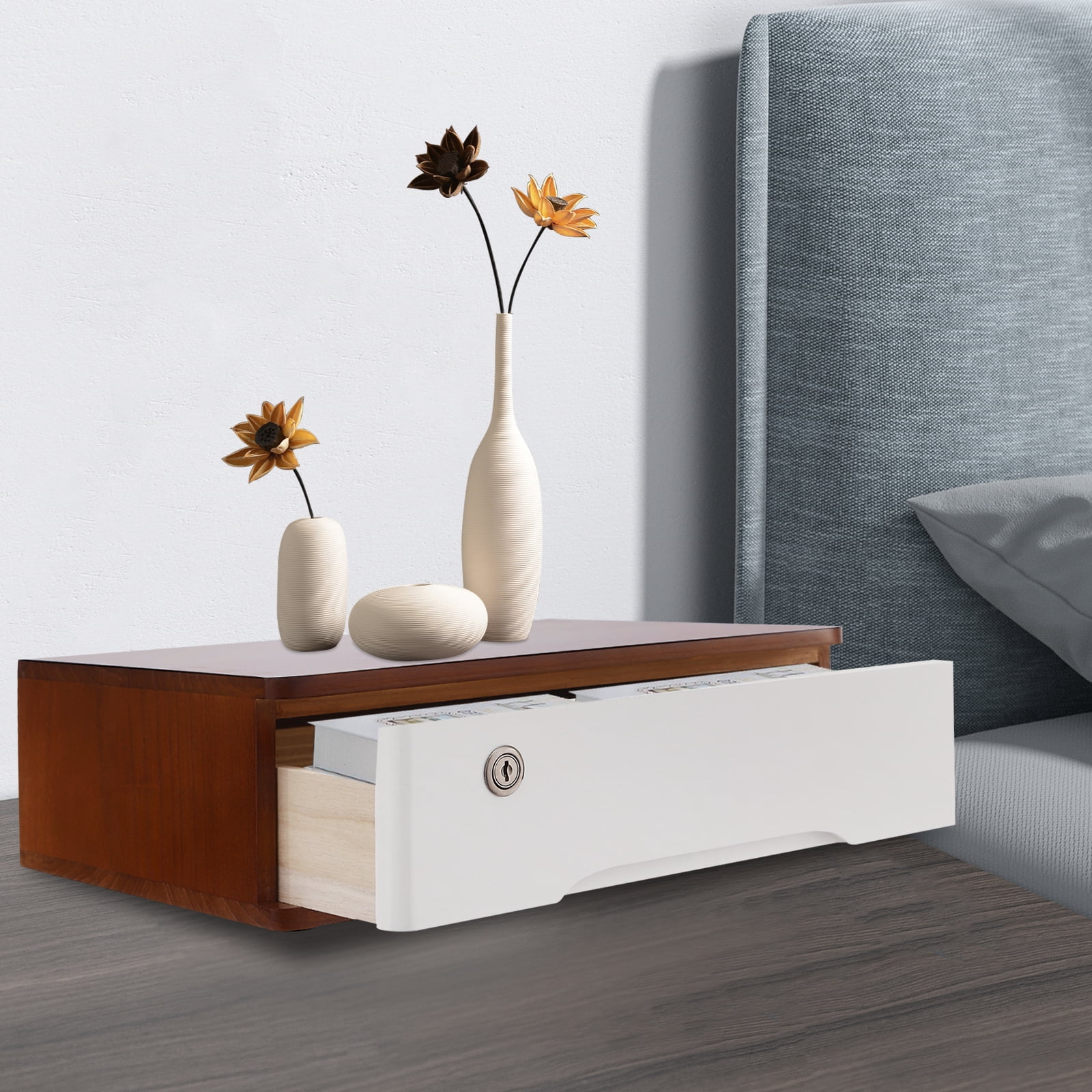 Office Wood Desktop Drawer Cabinet with Lockable Drawer, File Organizer Storage Box Countertop Drawer Cabinets for Home Office (Walnut Color+White)