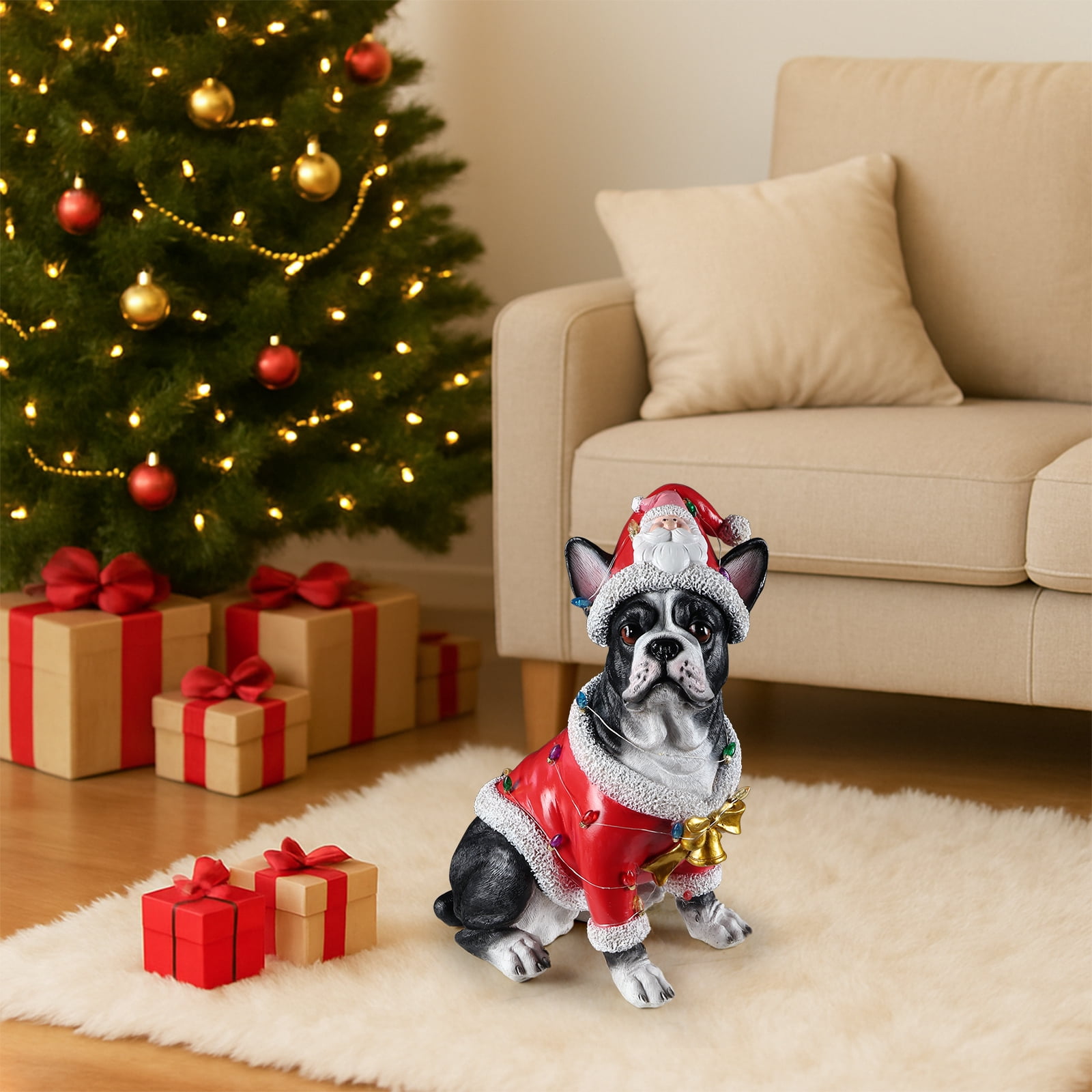 French Bulldog Santa Outfit Christmas Dog Statue with Santa Hat Bulb Accents Holiday Tabletop Decor