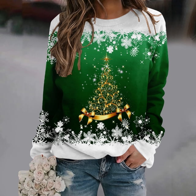Chandails d'Automne d'Hiver Grande Taille pour Femmes Chandails de Noël pour Femmes Arbre de Noël Suéter Navideño Mujer Mignon Col Rond Chandails à Capuchon Amusants