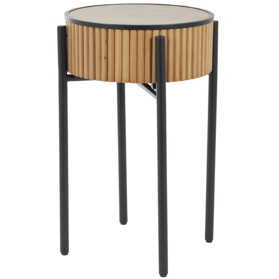 DecMode 18" x 27" Brown Wood Handmade Slatted Drum Accent Table with Black Metal Legs, 1-Piece