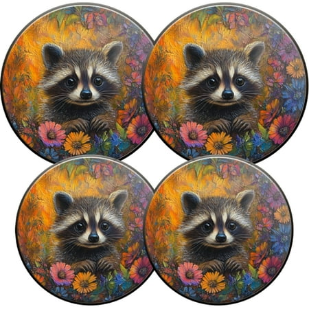 

Gas Stove Burner Cover Electric Stove Top Protector Easy to Clean Raccoon Surrounded by Colorful Flowers Oil Painting