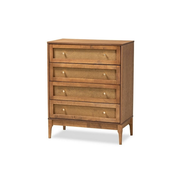 Baxton Studio Ramiel Mid-Century Modern Ash Walnut Finished Wood and Rattan 4-Drawer Chest