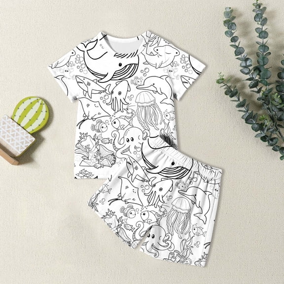 Boys Outfits 2 Piece Hand-Painted Diy Graphic Print Crew Neck Short Sleeve T Shirt And Shorts for Outdoor Wear Baby Boys' Clothing Sets White 3-4 Years