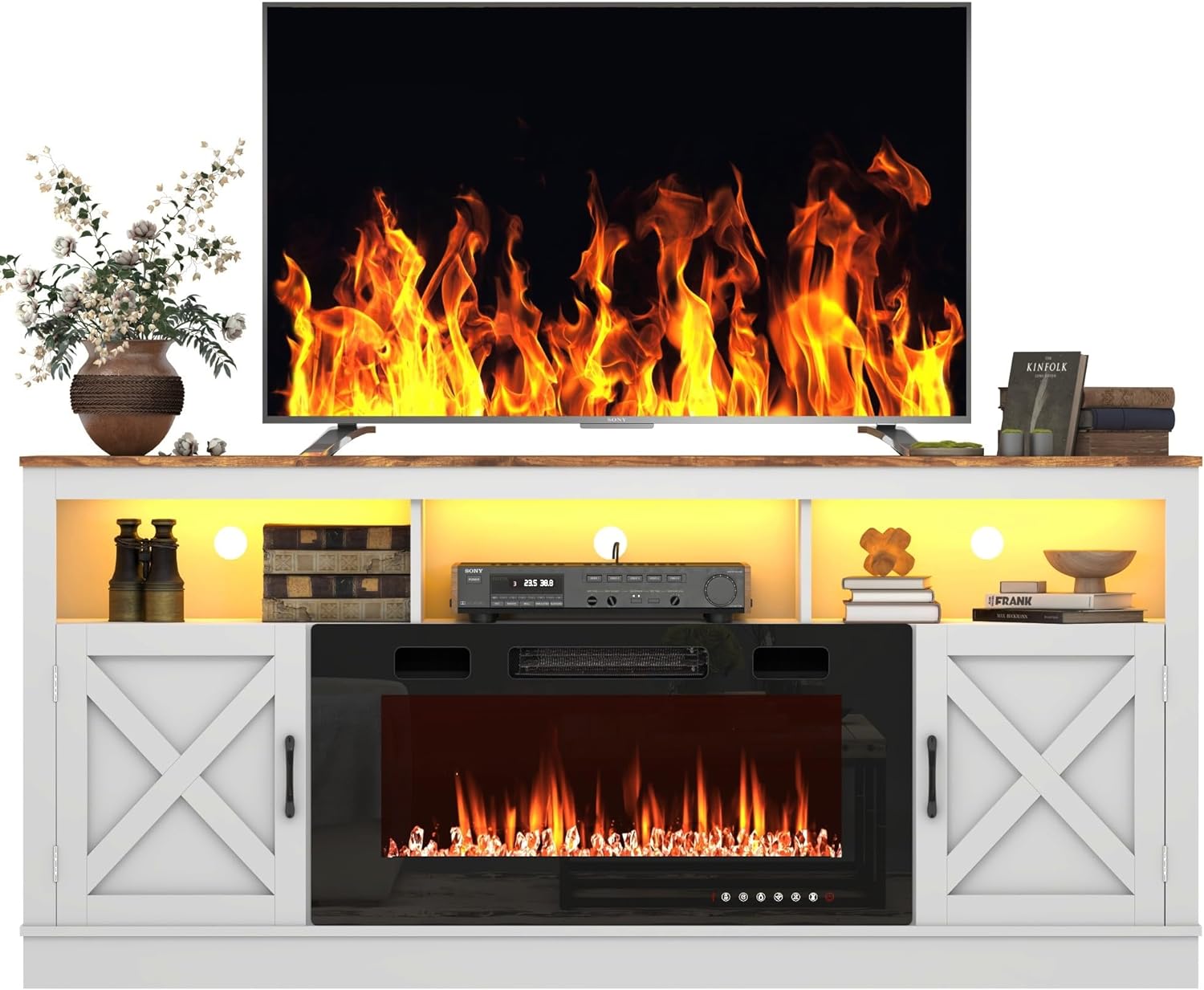 Chvans 80" Fireplace TV Stand with Barn Doors, Farmhouse photo 8