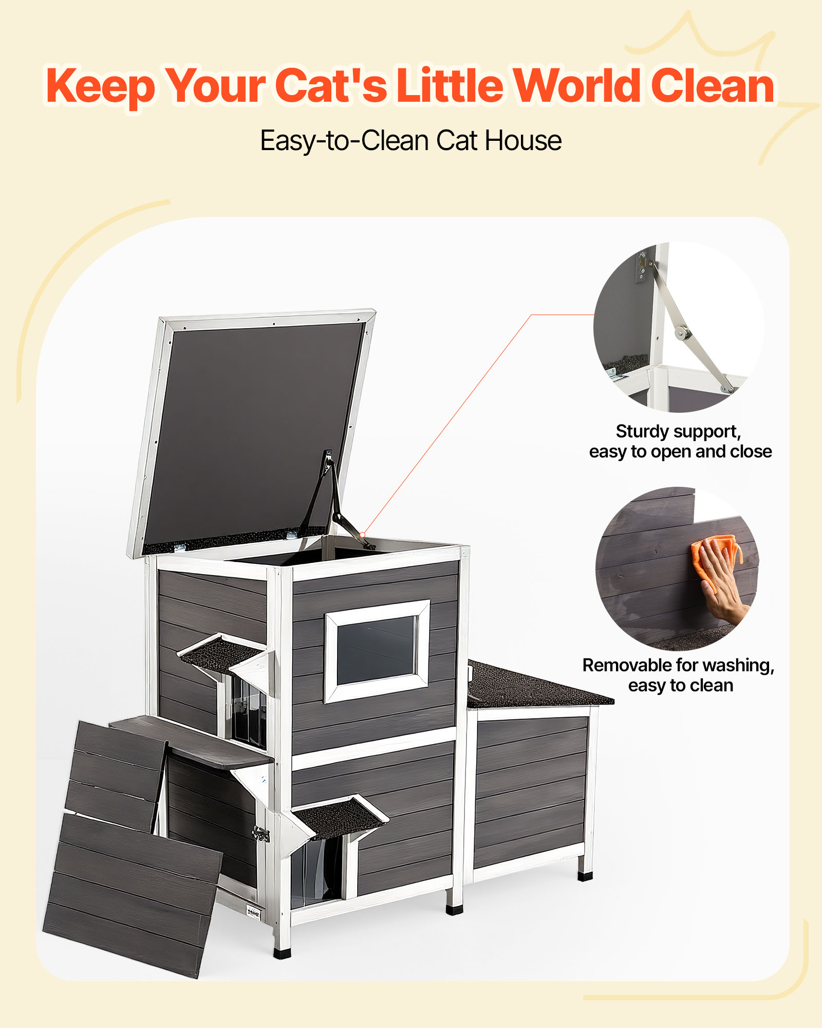 VEVOR Outdoor Cat House,2-Story Wooden Cat Shelter for 3 Outside Cats in Winter,Elevated Feral Kitty Shelter with Stairs, Clear Window & Flap Doors,Waterproof Cats Condos for Garden 42 × 25 × 34 in
