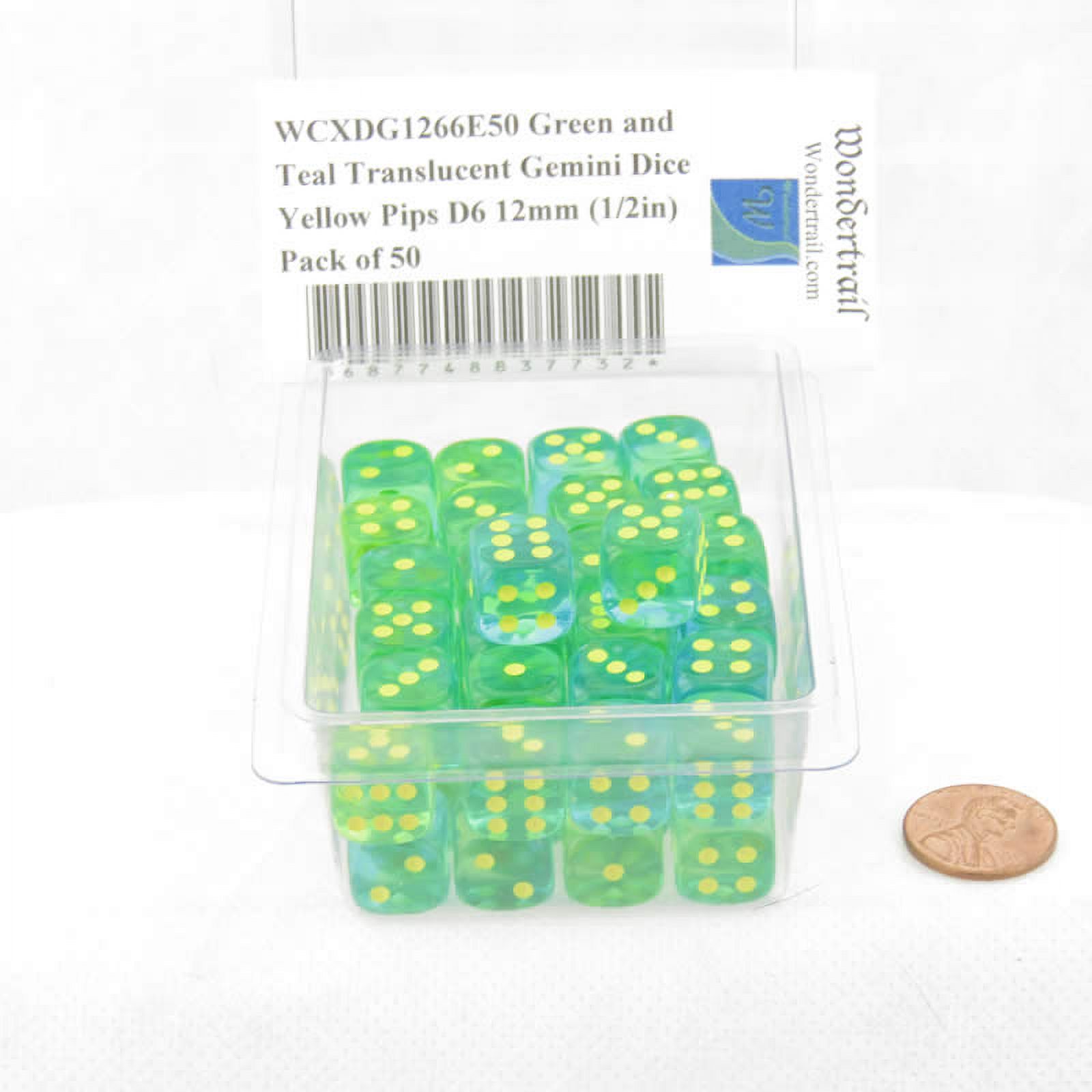 Green and Teal Translucent Gemini Dice with Yellow Pips D6 12mm (1/2in) Pack of 50 Wondertrail