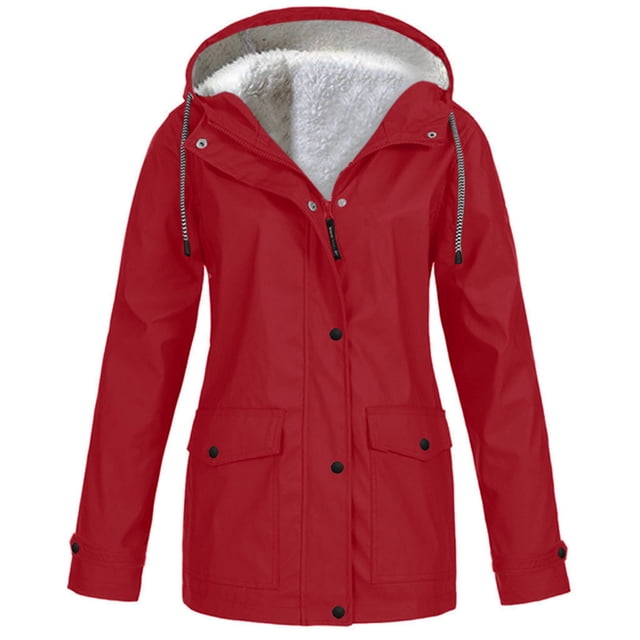 Women's Plus Size Solid Hooded Raincoat Outdoor Windproof Thickened Jacket Coat for Cold Weather