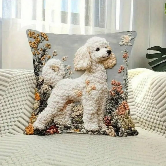 Taicans Festive 18x18in Christmas Throw Pillow Covers - 3D Embroidered Poodle & Winter Floral Design,Farmhouse Holiday Decor for Sofa/Car/Bed,Soft Plush,Reversible,Machine Washable,Winter Home Decor