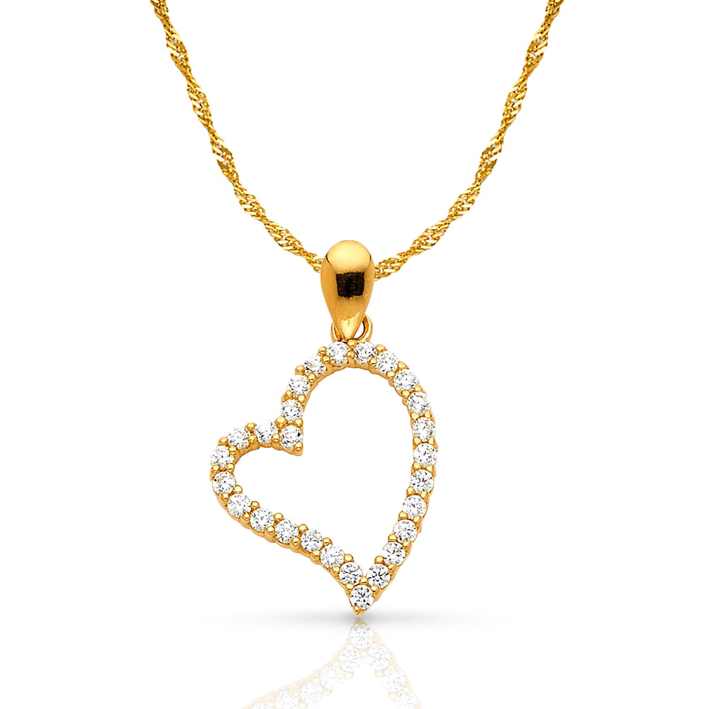 The World Jewelry Center 14k Yellow Gold Open Heart CZ Pendant with 1.2mm Cable Chain Necklace