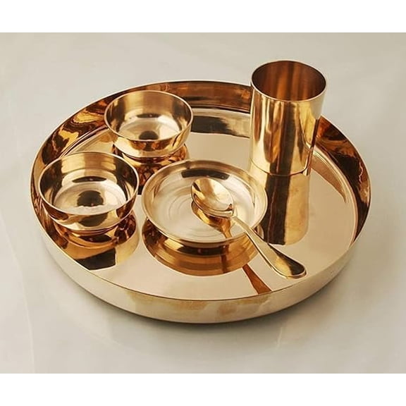 Pure Brass 7 Pieces Dinner Set/Thali Set of 1 Plate, 1 Glass, 1 Spoon & 4 Bowls, Color- Gold, Dinnerware, Tableware Or Crockery