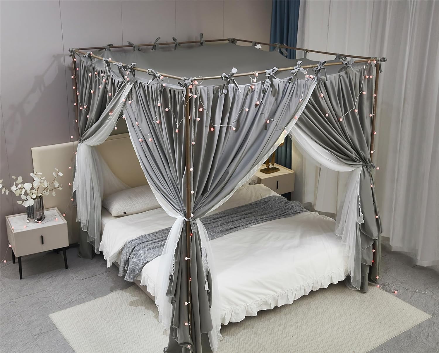 4 Corners Post Princess Curtain Bed Canopy Double Layer Cozy Mosquito Net Mesh and Cloth for Girls Adults Bedroom Decoration (Double-Grey/White, 53" W*78" L*82"*H/(Full))