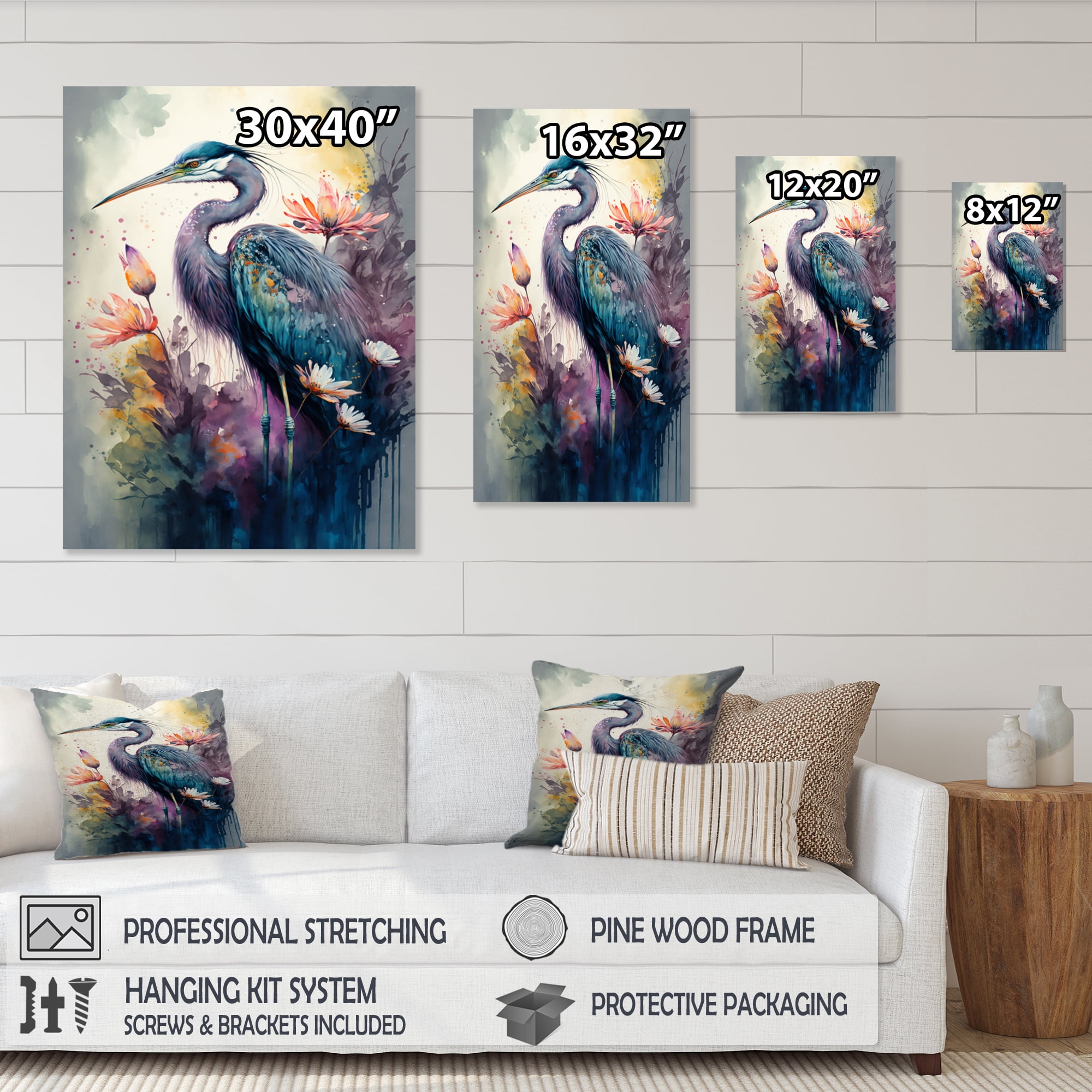 Designart Cute Heron Floral Art II Canvas Wall Art