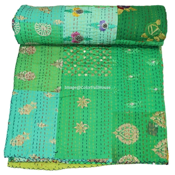 Indian Handmade Patchwork Kantha Quilt, Vintage Cotton,Silk Kantha Gudri,Decorative Hand Stitch Bedspread, Throw Blanket Size ( King 108" x 108" )