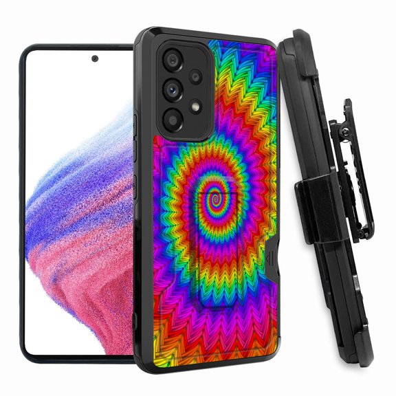 ANJ  Rugged Shockproof Hoster Case w/Card Slot, Kickstand   Tempered Glass Cover for Samsung Galaxy A33 5G - Rainbow Swirls