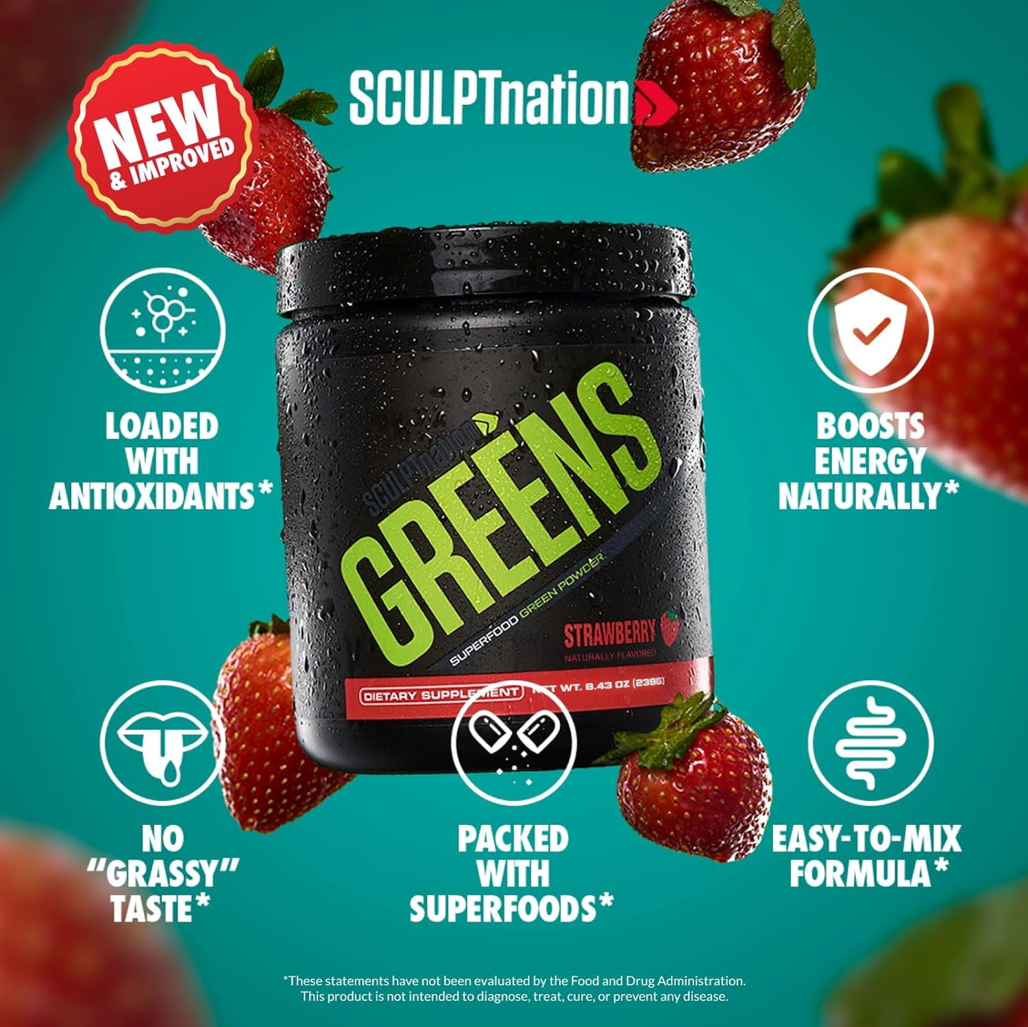 Sculpt Nation Greens Powder Superfood Blend Strawberry Flavor with Collagen 30 Servings 8.4305 Ounce