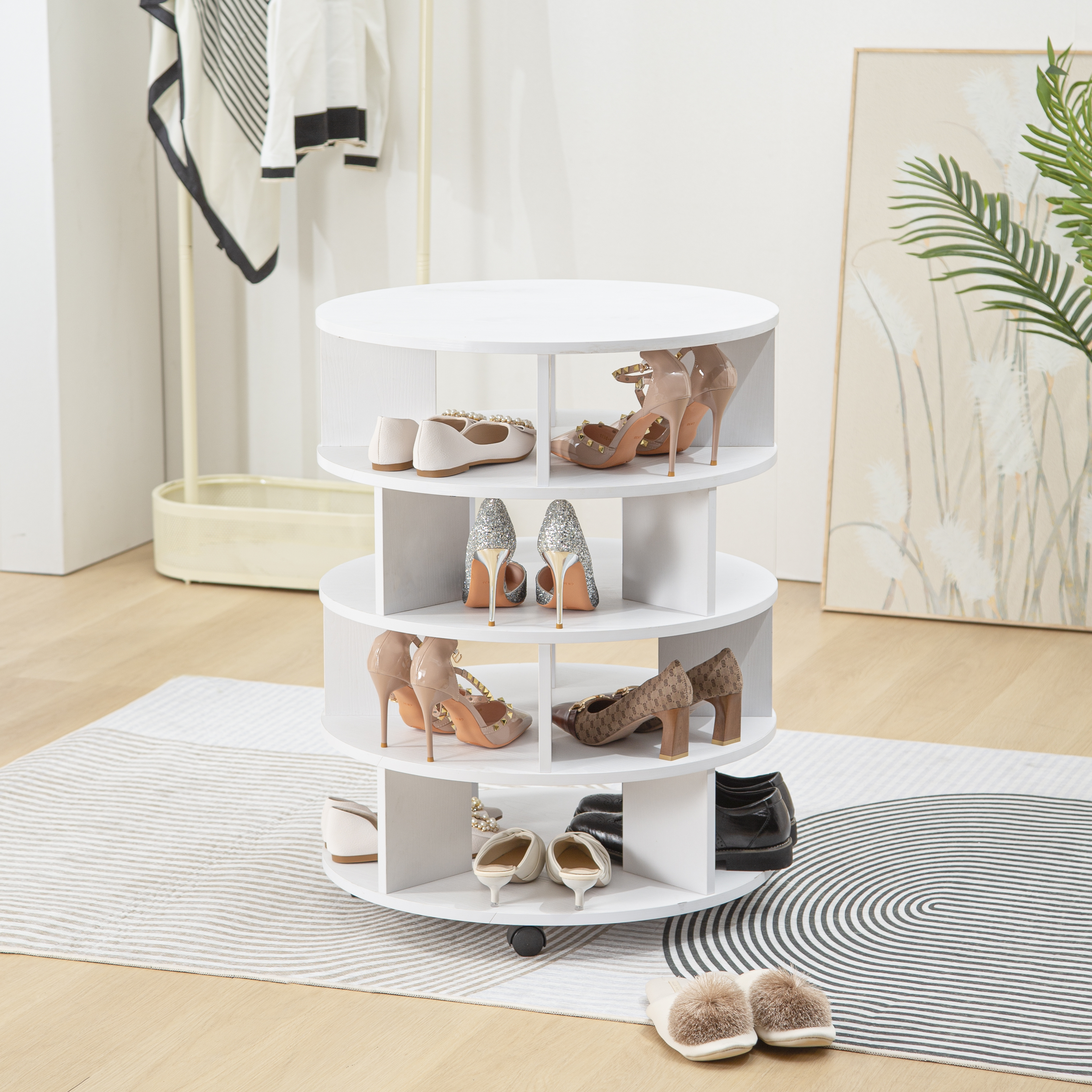 Wooden Rotating Shoe Rack Tower, 4 Tier Revolving Shoe Storage with 4 Wheels, 360 Spinning Wood Round Shoe Rack for 16 Pairs Shoes,Grey, Shoe RackA001