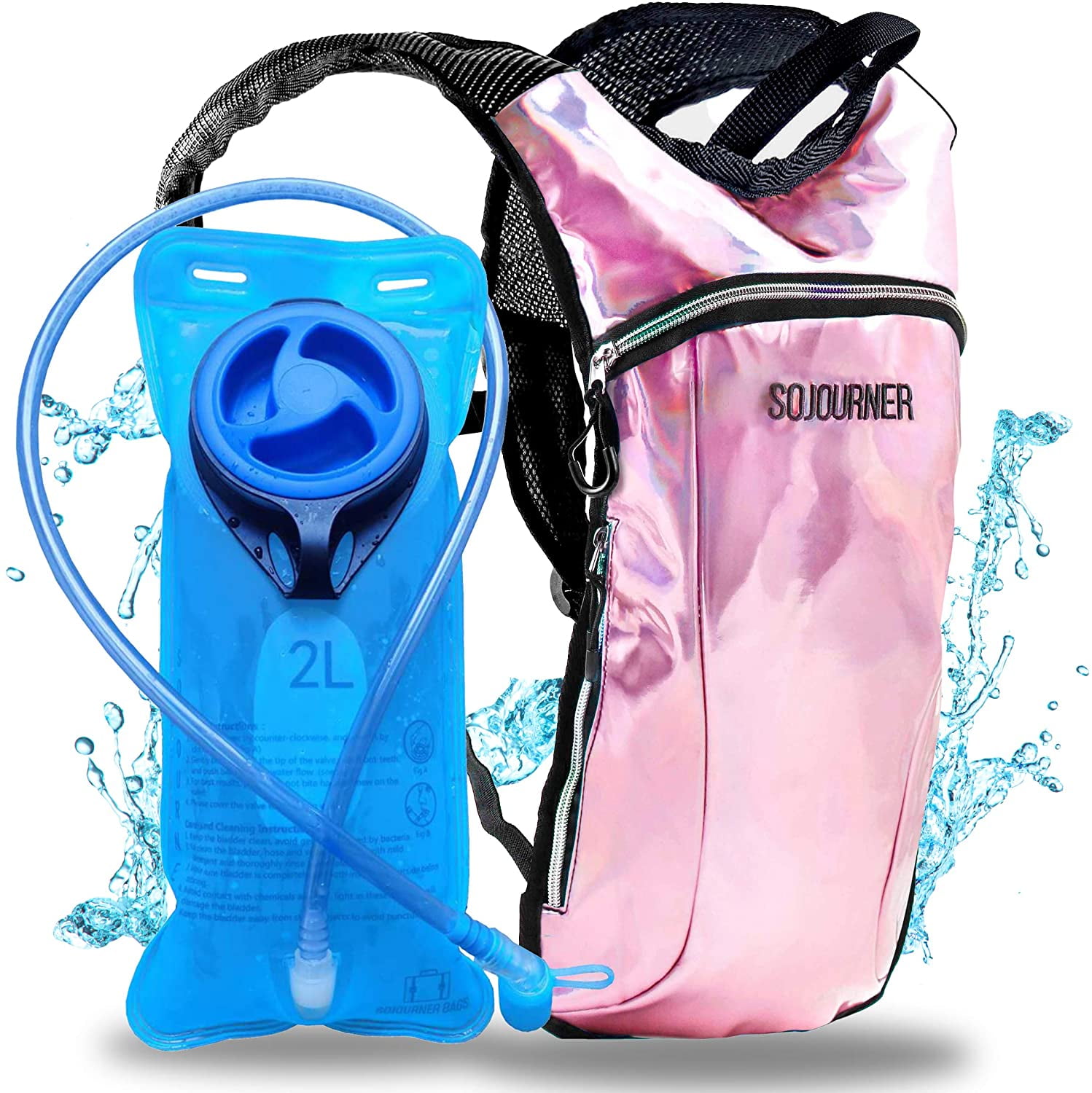 Hydration Pack Backpack 2Pocket with 2L Water Bladder (Holographic Pale Pink)