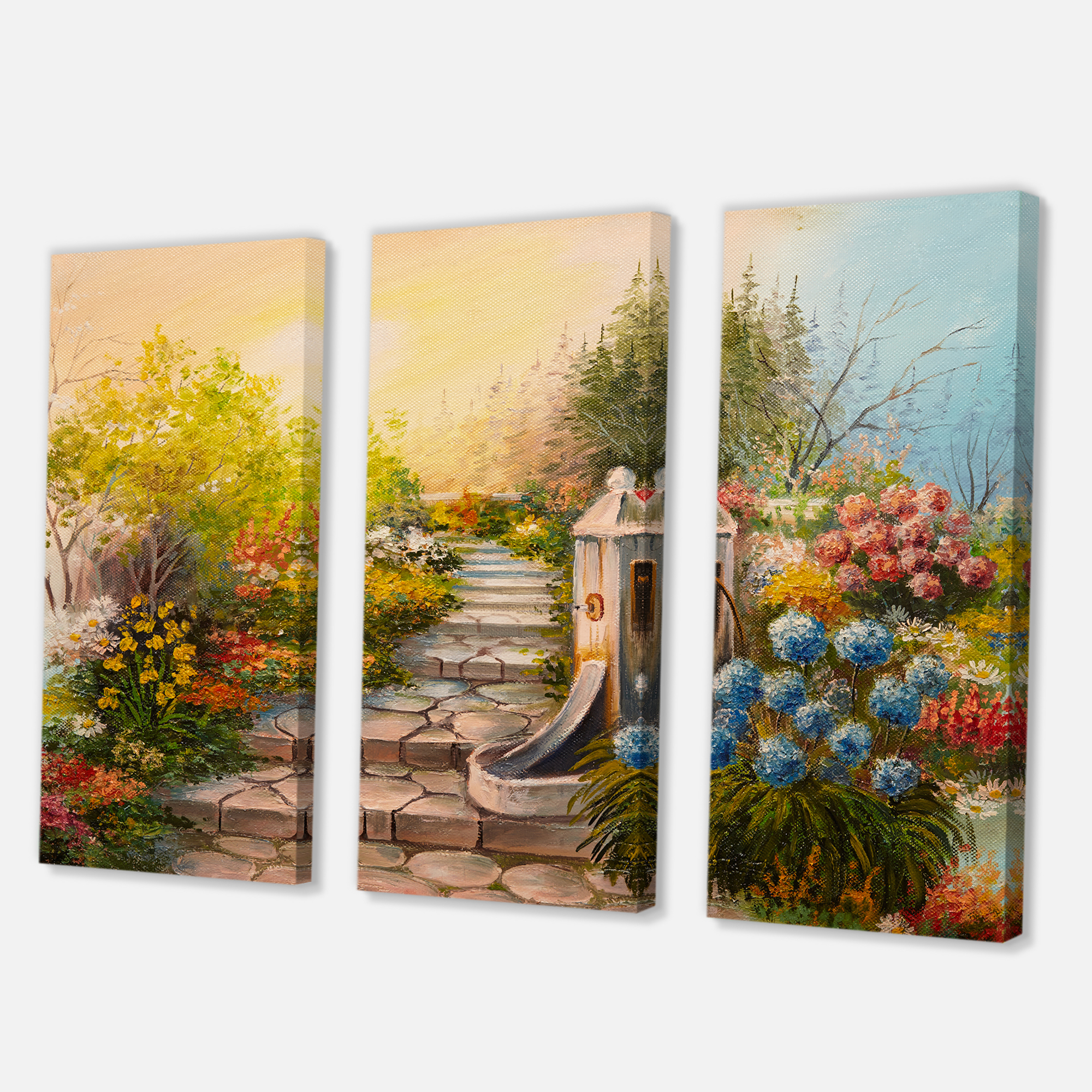 Designart ' Stone Stairs In The Blossoming Flowers Forest ' Traditional Canvas Wall Art Print