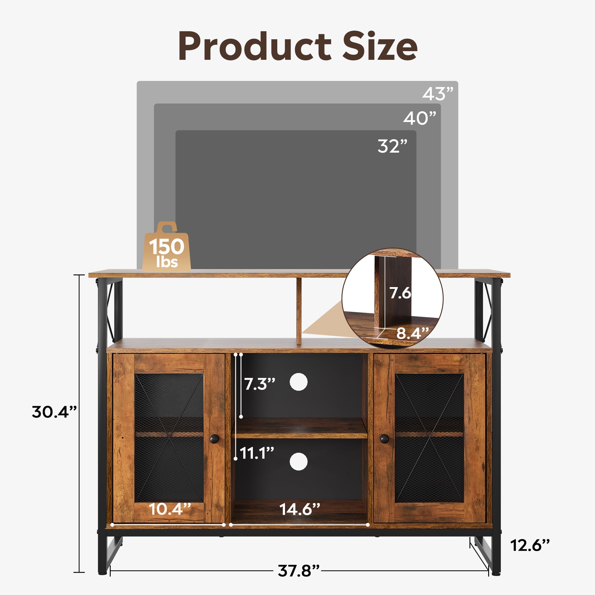 GALAXHERO TV Stand for 43 inch TV Small Entertainment Center with Storage Cabinet & Adjustable Shelves Farmhouse Industrial TV Table for Living Room and Bedroom, 32" TV Console, Rustic Brown