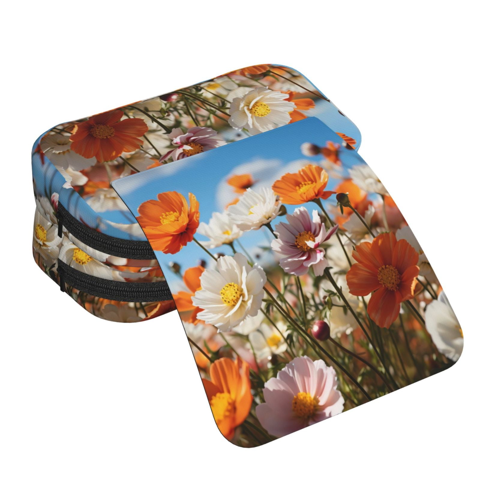 Rateoe Vibrant Field Of Blossoms Pattern Double Clamshell Pen Case, Storage Organizer with Two Zipper Compartments– Holds Up to 50 Pencils & Pens