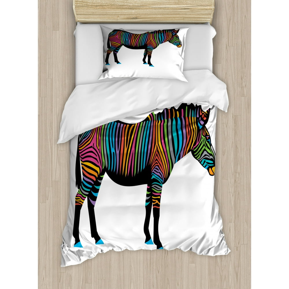 Rainbow Zebra Duvet Cover Set, Abstract Safari Animal with Colorful Stripes Graphic, Decorative