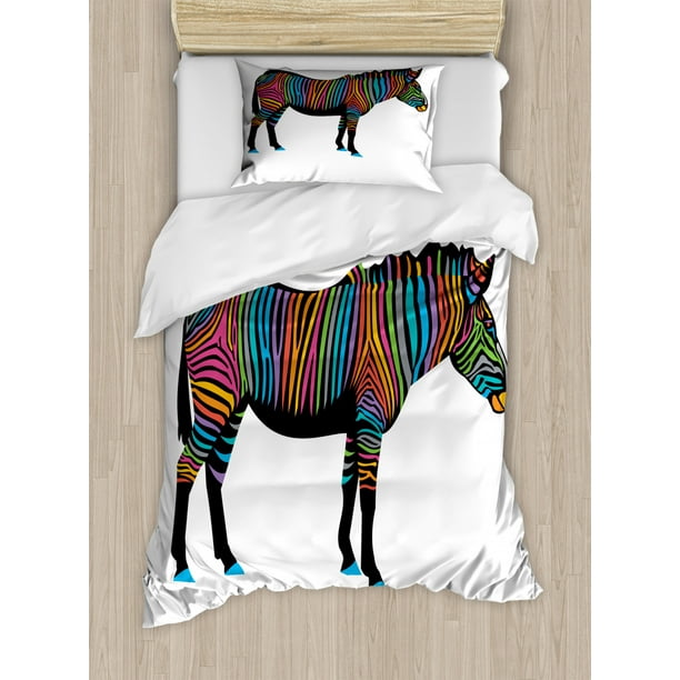 Rainbow Zebra Duvet Cover Set, Abstract Safari Animal with Colorful