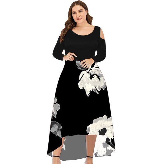 Fesfesfes Plus Size Women Gowns Sexy Round Neck Off Shoulder Floral Printed Strapless Gradient Splicing Long Sleeve Pullover Irregular Hem Party Dress or
