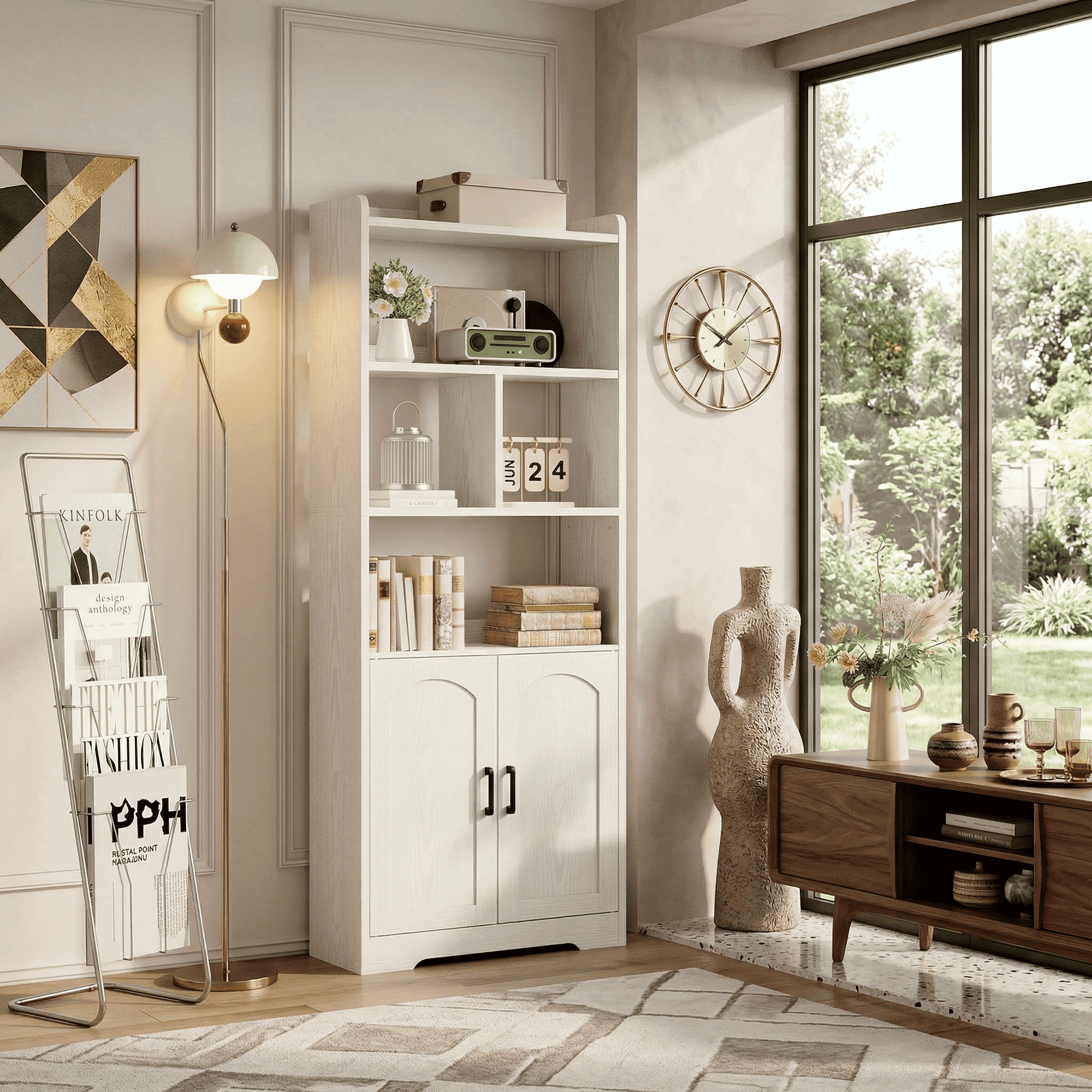 LIKIMIO 63" Tall Bookcase with Doors, Wood Bookshelf Open Display Shelf for Living Room Home Office, White