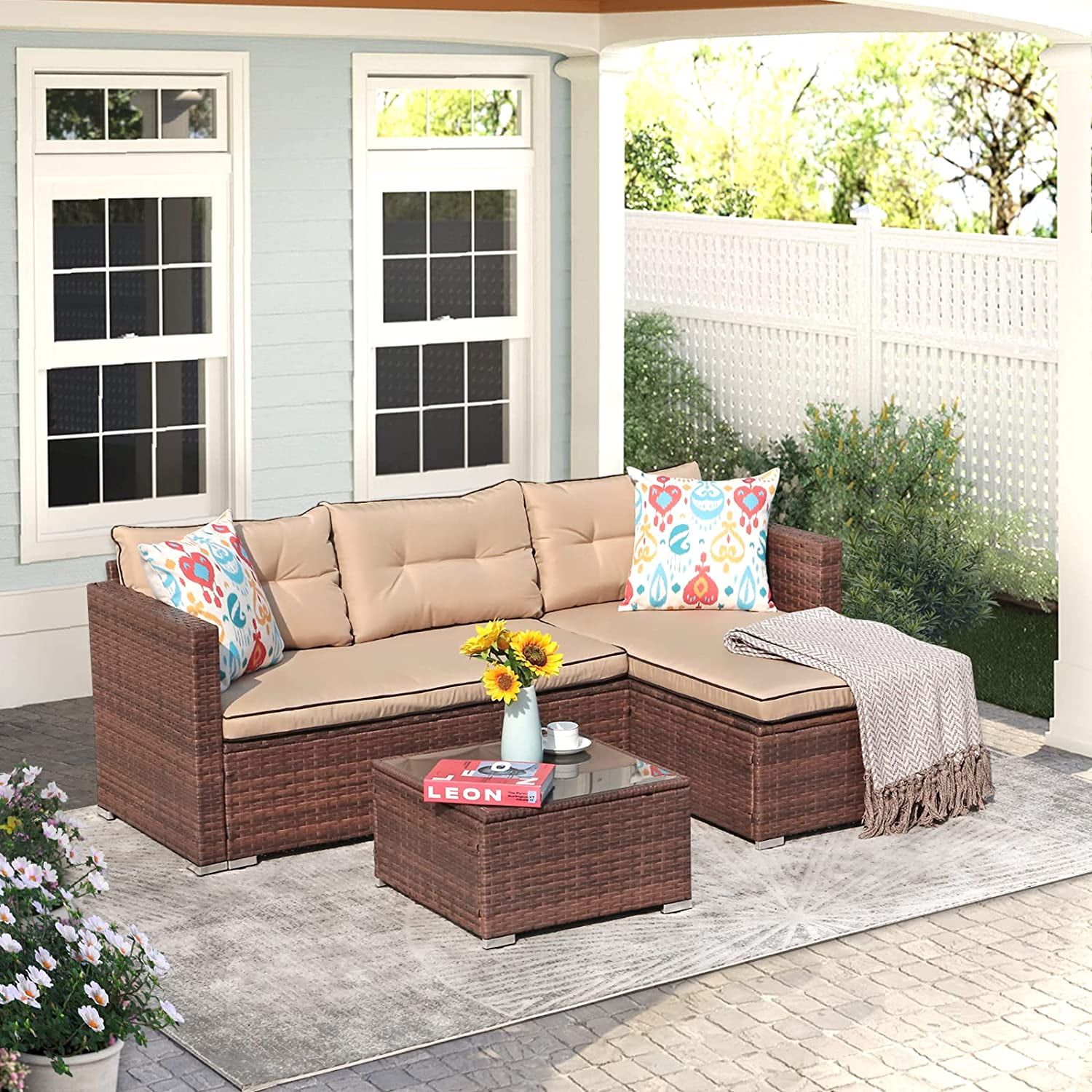OC Orange-Casual 3-Piece Patio Furniture Set, All-Weather Outdoor Sectional Sofa Set, Wicker Loveseat Lounge Couch with Glass Coffee Table, Beige