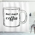 thumbnail image 1 of But First Coffee Shower Curtain, Hand Drawn Outline Drawing of a Mug Close Up with Calligraphy, Fabric Bathroom Set with Hooks, 69W X 70L Inches, Charcoal Grey and White, by Ambesonne, 1 of 3