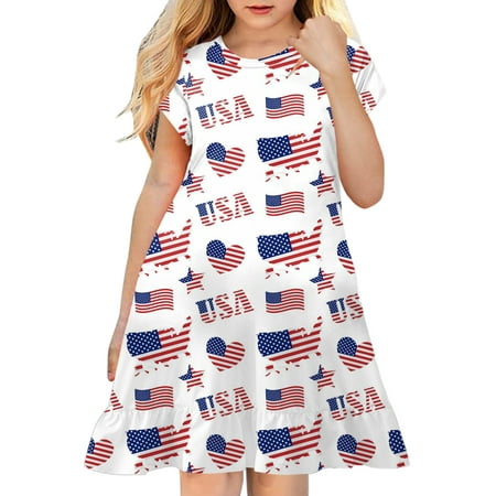 

TAIAOJING Toddler Girls Dress Kids Baby Girls Spring Summer Print Ruffle Short Sleeve Fashion American Independence Day Princess Dresses