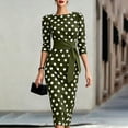thumbnail image 2 of Women's Vintage Polka Dot Midi Dress, Crew Neck 3/4 Sleeve Self Tie Waist Slim Bodycon Knee-Length Pencil Dress Army Green XXXL(XXXL), 2 of 6