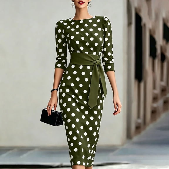 ClodeEU Women's Polka Dot Round Neck 3/4 Sleeve Self Belt Waist Bodycon Midi Pencil Dress,Vintage Elegant Cocktail Party Dress Army Green,Women's Plus L