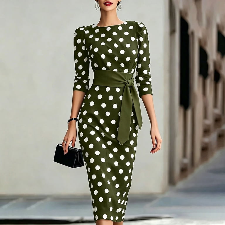 Hinvhai Women's Vintage Polka Dot Midi Dress, Crew Neck 3/4 Sleeve Self Tie Waist Slim Bodycon Knee-Length Pencil Dress Army Green Xxl(xxl), Size: 2XL