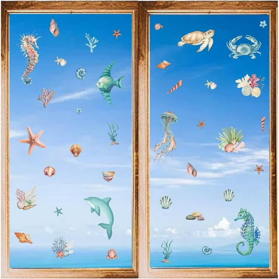 8 Styles Ocean Animals Wall Stickers Sea Marine Organism Window Stickers Decals PVC Waterproof Self Adhesive Wall Cling for Home Decoration Bedroom Living Room Kitchen Showcase