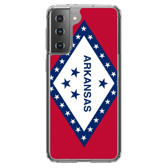 DistinctInk Clear Shockproof Hybrid Case for Galaxy S21 5G (6.2" Screen) - TPU Bumper, Acrylic Back, Tempered Glass Screen Protector - Arkansas State Flag - US State Flag