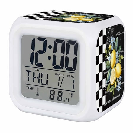 Summer Lemon Digital Alarm Clock for Bedrooms, Smart LED Alarm Clock with 7 Color Changing Night Light, Vintage Black Plaid Blue Spring Floral Silent Wake Up Clocks for Sleep Study Cooking 3.2x3.2