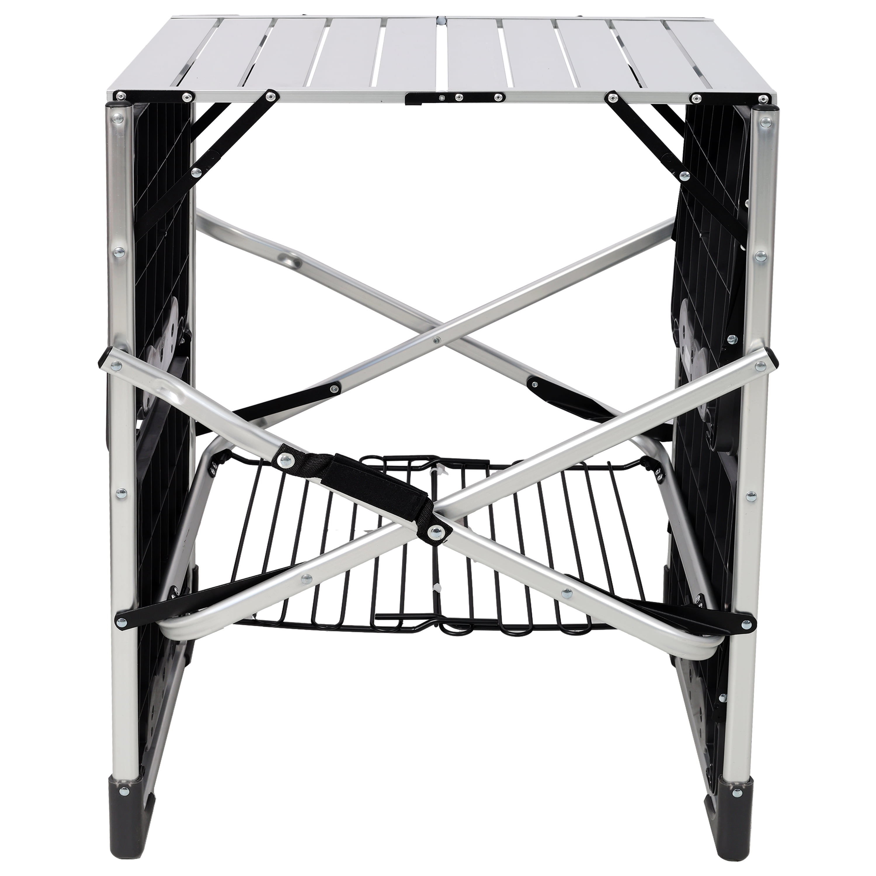 Folding Camping Cooking Station with Heat Resistant Top, 4 Side Tables, Storage Rack & Lamp Post, Portable Outdoor Kitchen Prep Table for Picnic Tailgating Camping