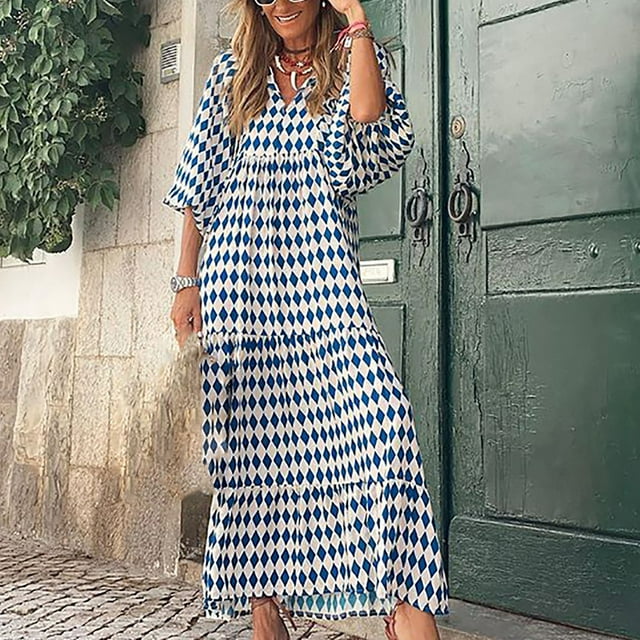 EGNMCR Robes de Fête pour Femmes Robe Maxi Décontractée à Manches Trois Quarts pour Femmes Bohème à Fleurs à Col en V Manches Courtes Bouffantes Robe de Plage à Volants Robe Longue