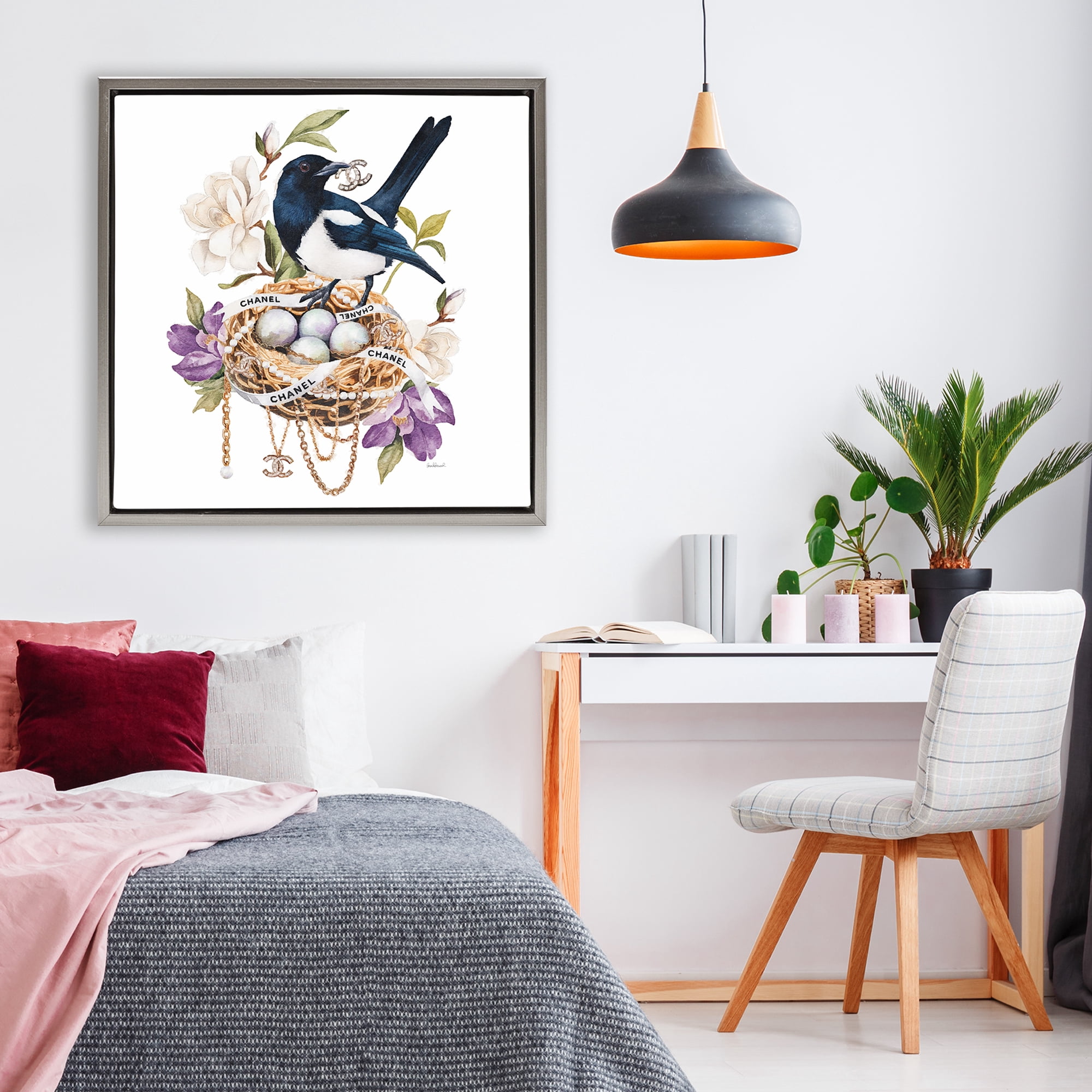 Stupell Industries Glam Birds Nest Magnolia Gray Framed Floater Canvas Wall Art, design by Amanda Greenwood
