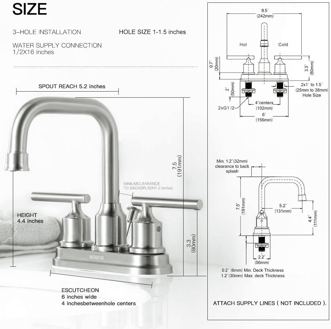 WOWOW 2 Handle Bathroom Faucet 4 Inch Centerset Bathroom Sink Faucets with Lift Rod Drain