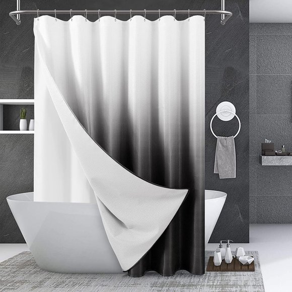 Extra Long Fabric Shower Curtain with Liner, 84 Inches Long Black Waffle Weave Ombre Shower Curtains Set for Bathroom Decor, Hotel Grade Heavyweight Fabric, Machine Washable, 72x84, Black