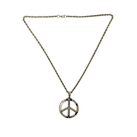 Silver Peace Sign Large Pendant Necklace 70's Costume Party Jewelry Hippie Accessories